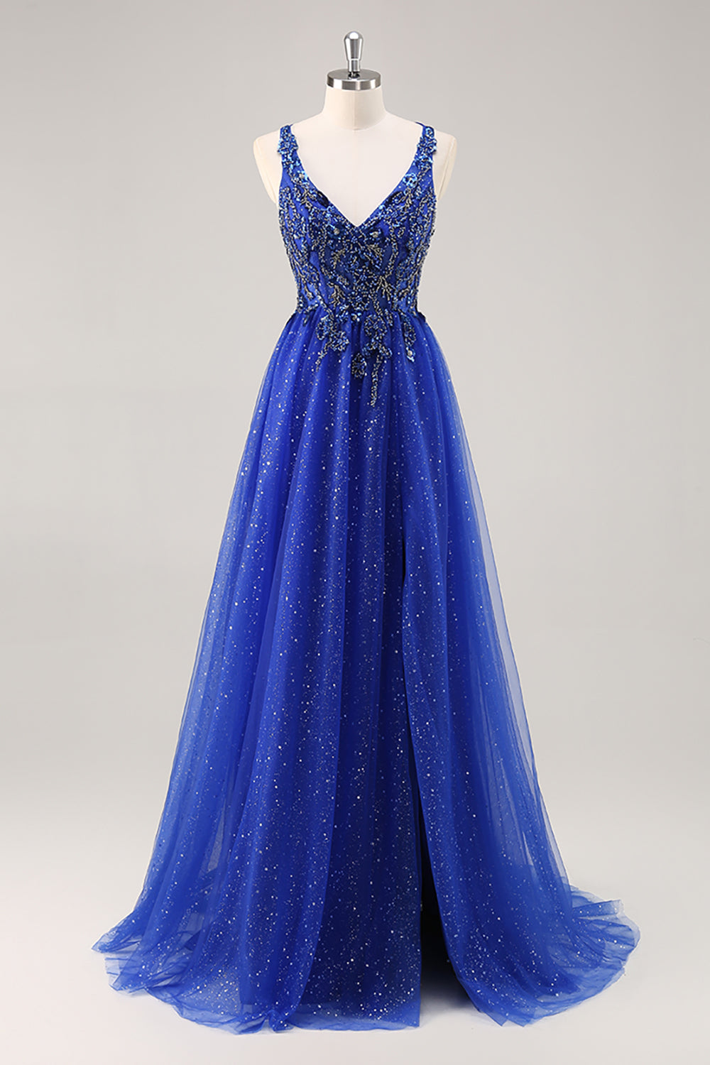 Sparkly Royal Blue Beaded Corset A Line Maxi Prom Dress with Slit