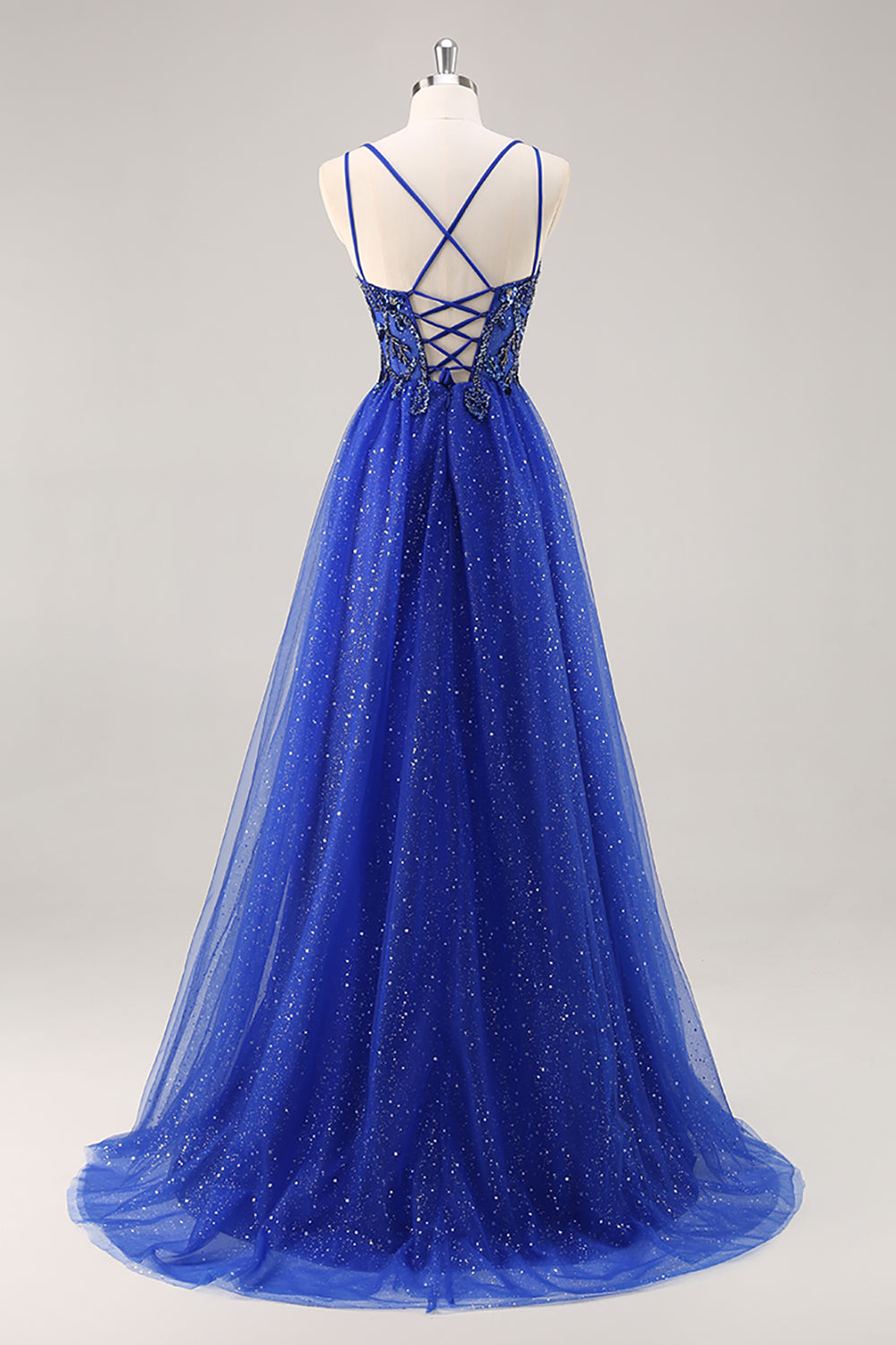 Sparkly Royal Blue Beaded Corset A Line Maxi Prom Dress with Slit