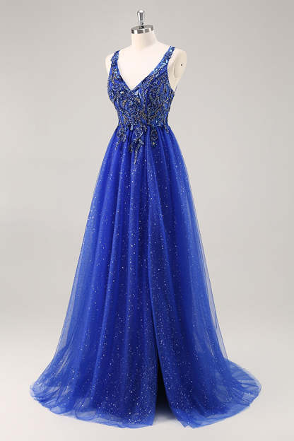 Sparkly Royal Blue Beaded Corset A Line Maxi Prom Dress with Slit