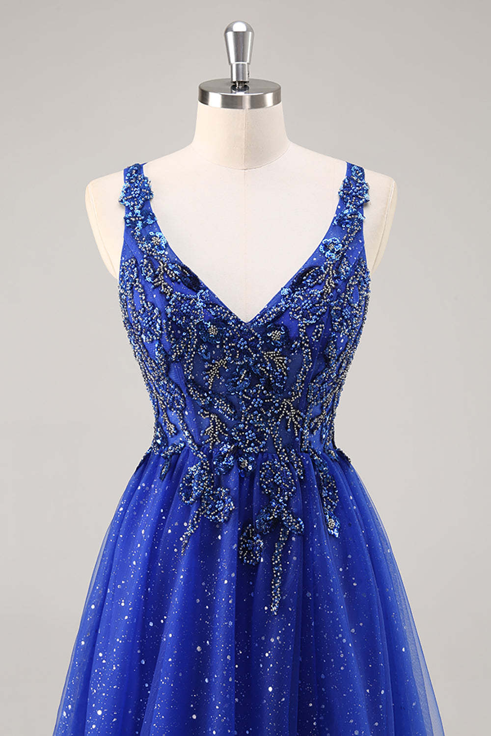 Sparkly Royal Blue Beaded Corset A Line Maxi Prom Dress with Slit