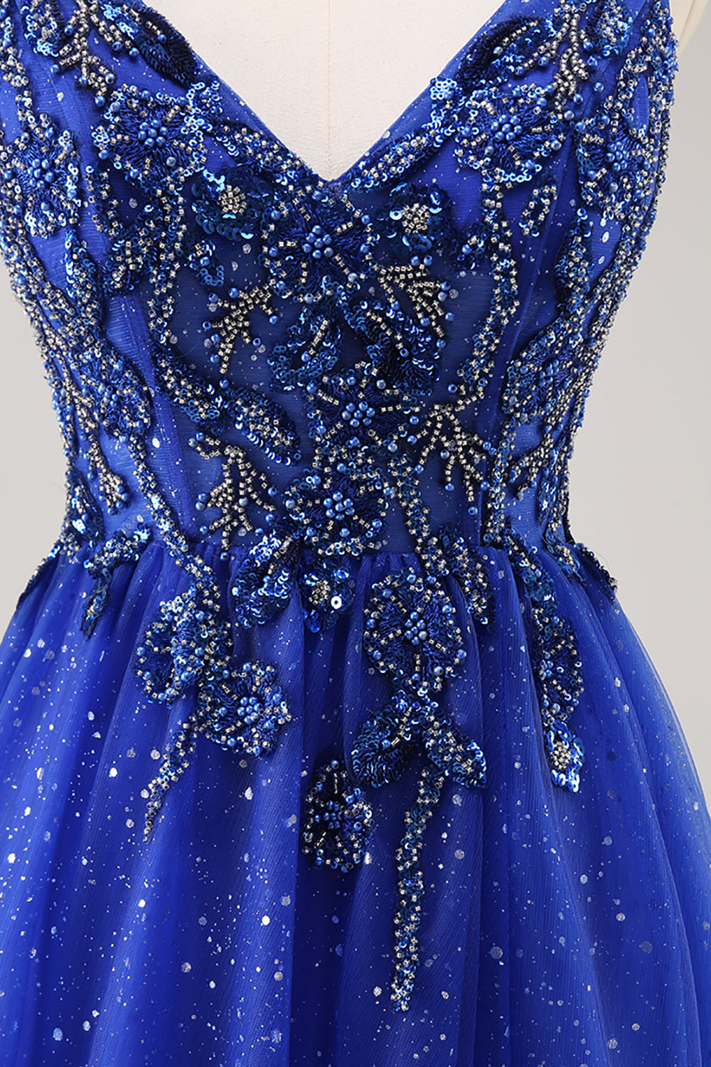 Sparkly Royal Blue Beaded Corset A Line Maxi Prom Dress with Slit
