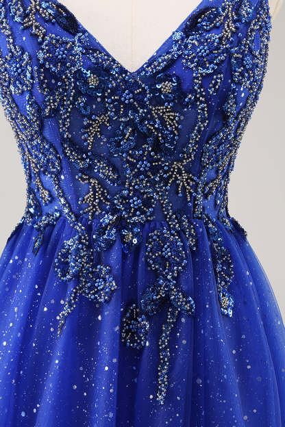 Sparkly Royal Blue Beaded Corset A Line Maxi Prom Dress with Slit