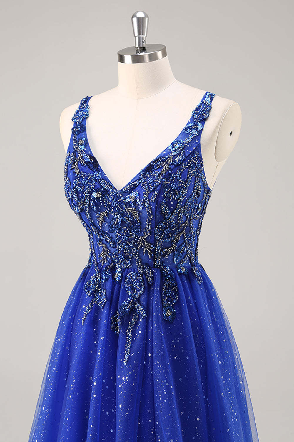 Sparkly Royal Blue Beaded Corset A Line Maxi Prom Dress with Slit