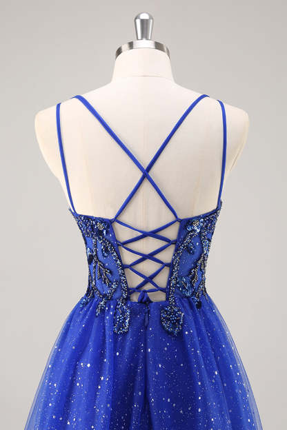 Sparkly Royal Blue Beaded Corset A Line Maxi Prom Dress with Slit