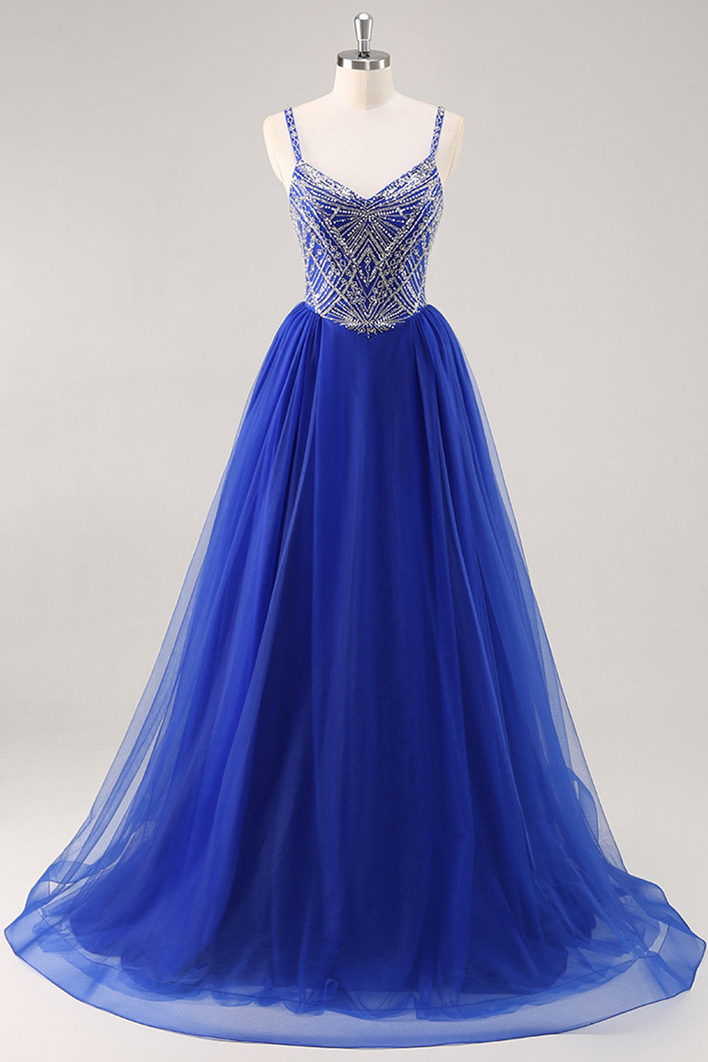 Sparkly Royal Blue Spaghetti Straps Beaded A Line Maxi Prom Dress