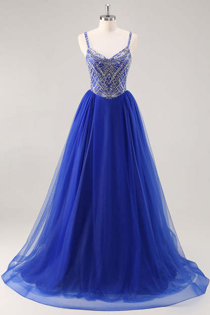 Leely Women Sparkly Royal Blue Beaded Maxi Prom Dress Spaghetti Straps Tulle A Line Ball Gown