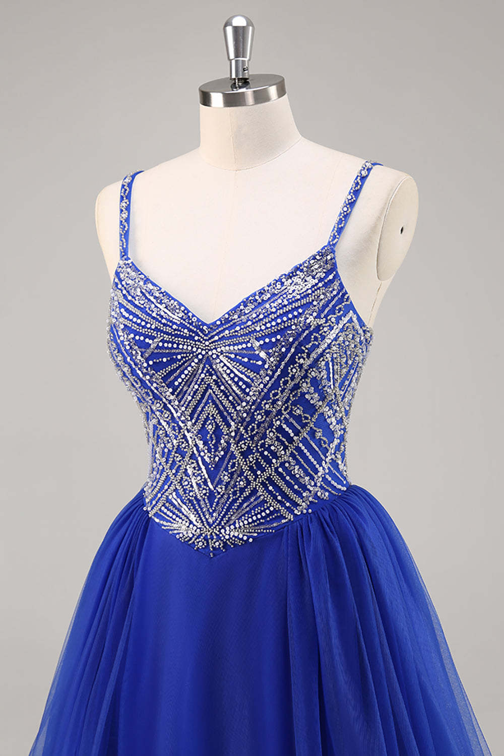 Sparkly Royal Blue Spaghetti Straps Beaded A Line Maxi Prom Dress