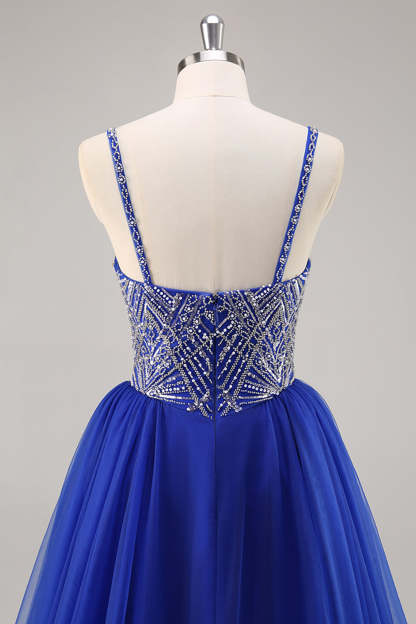Sparkly Royal Blue Spaghetti Straps Beaded A Line Maxi Prom Dress