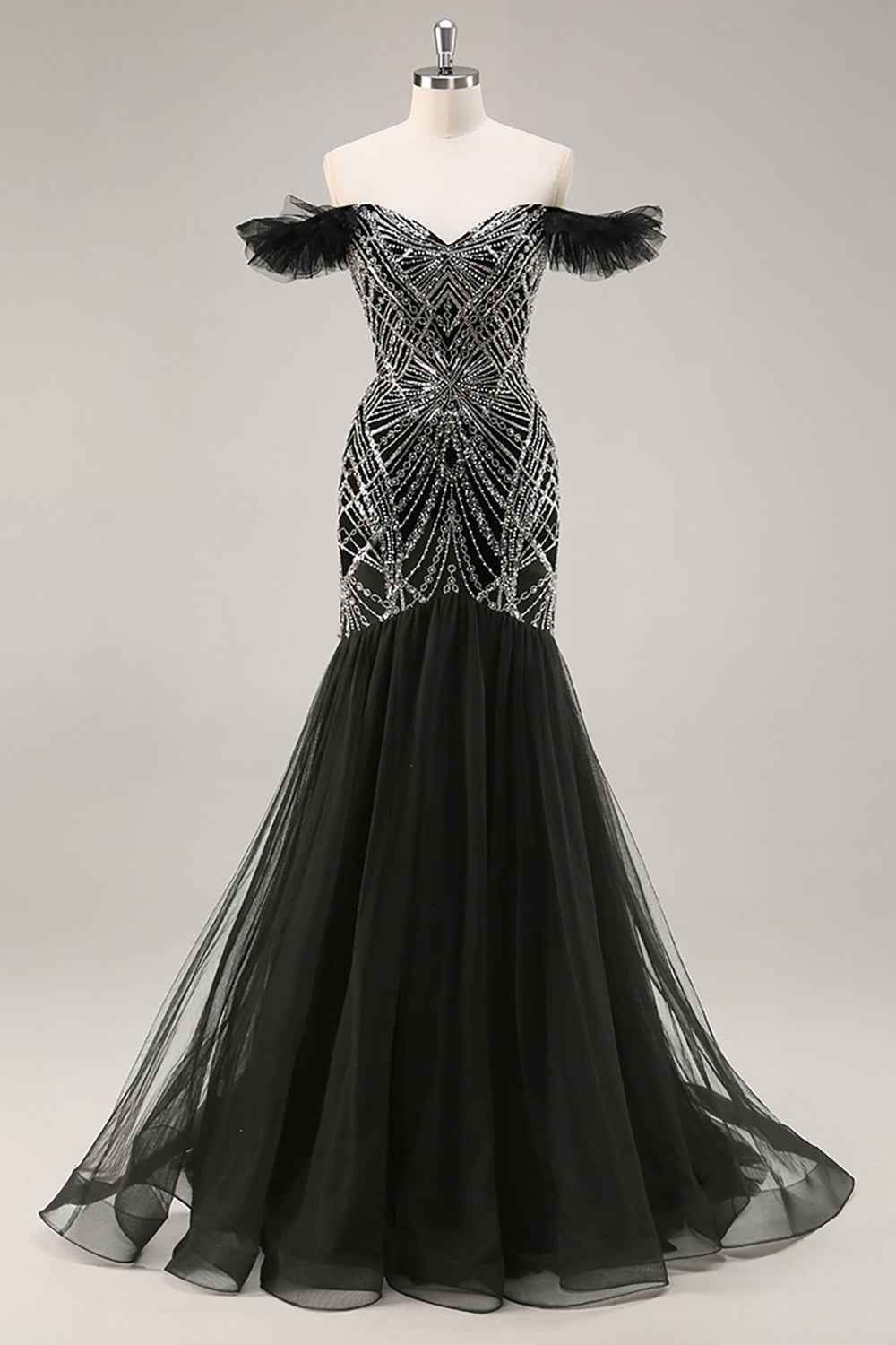 Sparkly Black Beaded Off the Shoulder Mermaid Maxi Prom Dress