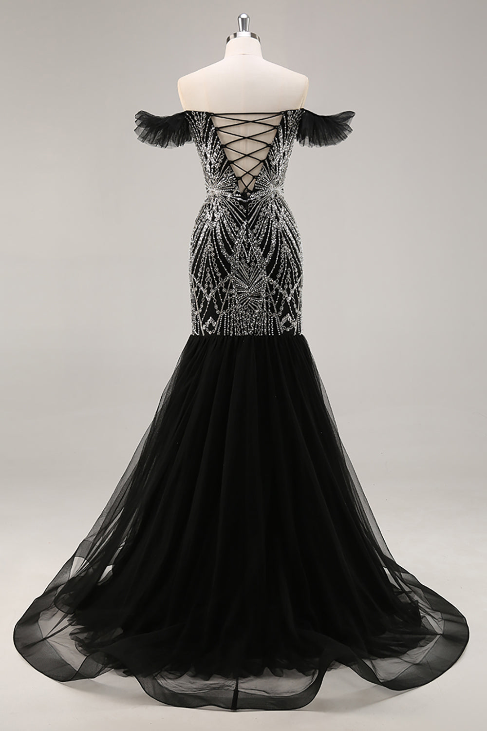 Sparkly Black Beaded Off the Shoulder Mermaid Maxi Prom Dress