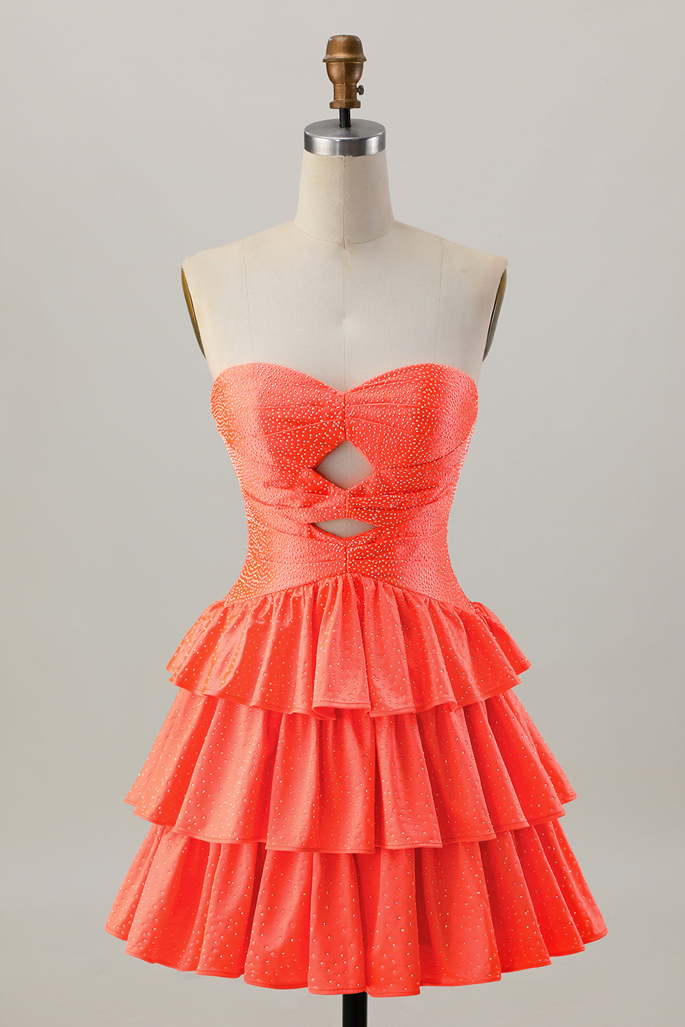 Sparkly Orange Strapless Tiered Keyhole Short Homecoming Dress with Ruffles