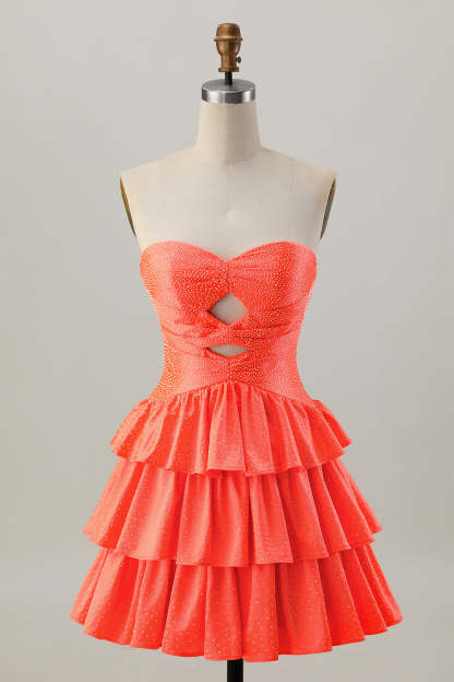 Sparkly Orange Strapless Tiered Keyhole Short Homecoming Dress with Ruffles