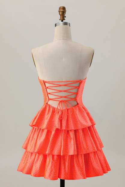Sparkly Orange Strapless Tiered Keyhole Short Homecoming Dress with Ruffles