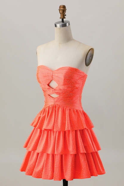 Sparkly Orange Strapless Tiered Keyhole Short Homecoming Dress with Ruffles