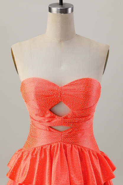 Sparkly Orange Strapless Tiered Keyhole Short Homecoming Dress with Ruffles