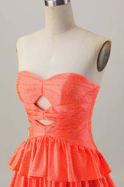 Sparkly Orange Strapless Tiered Keyhole Short Homecoming Dress with Ruffles