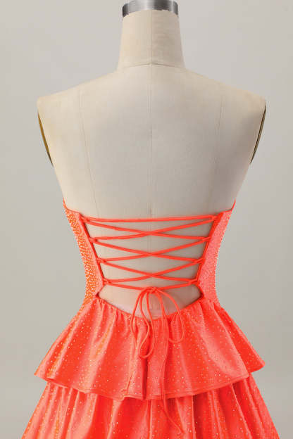 Sparkly Orange Strapless Tiered Keyhole Short Homecoming Dress with Ruffles