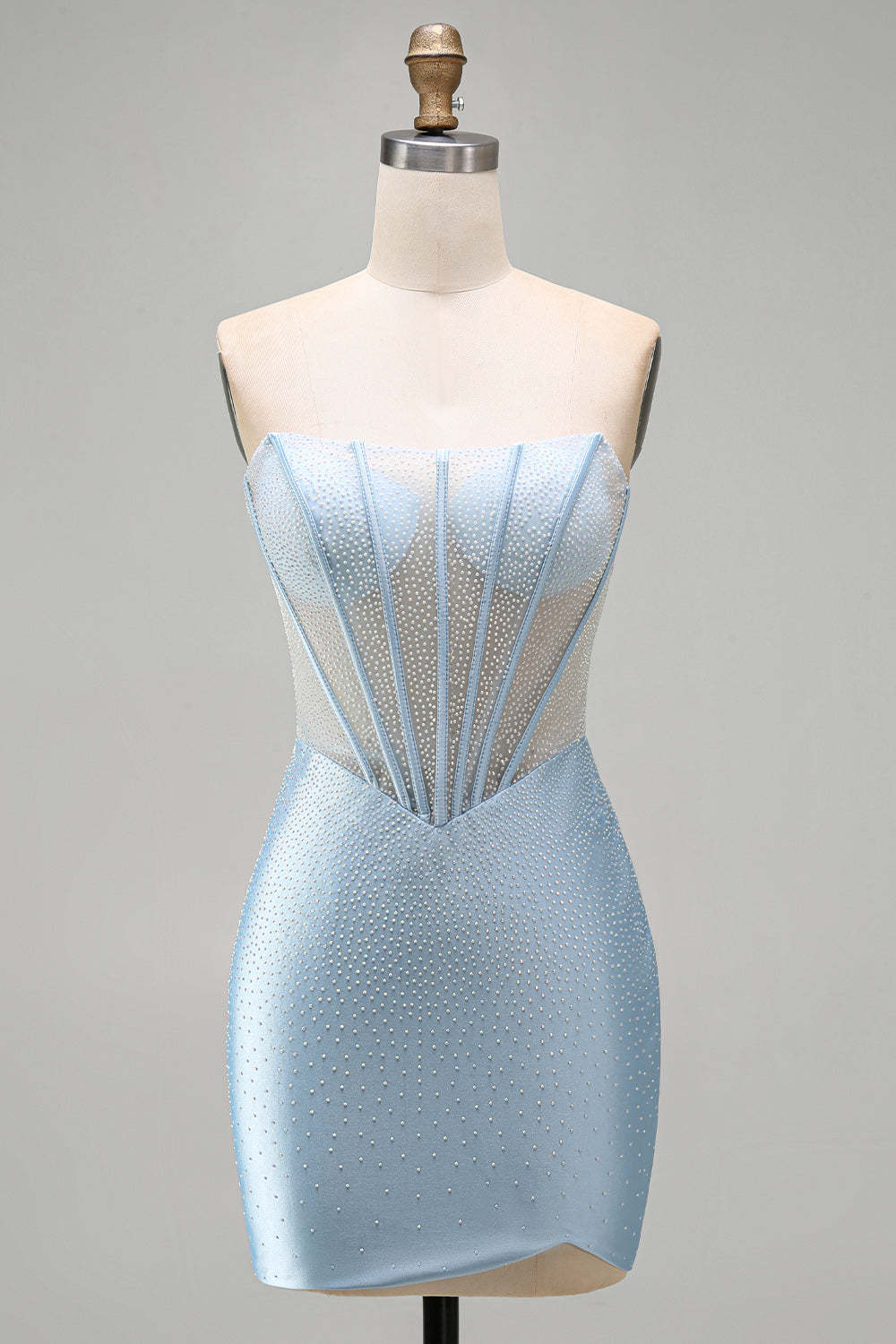Sparkly Light Blue Corset Bodycon Strapless Short Homecoming Dress with Beading