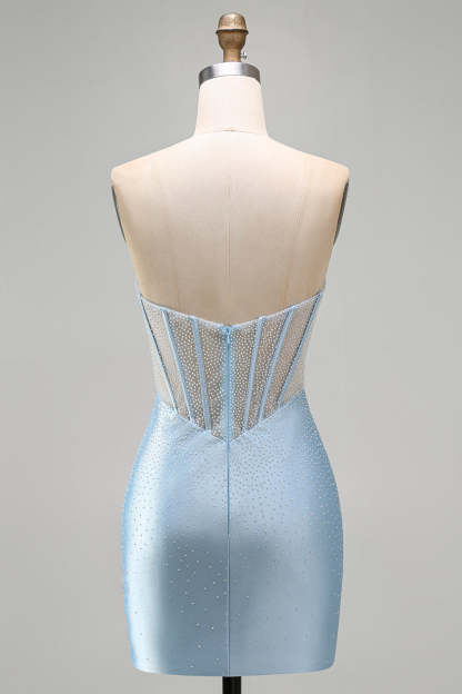 Sparkly Light Blue Corset Bodycon Strapless Short Homecoming Dress with Beading