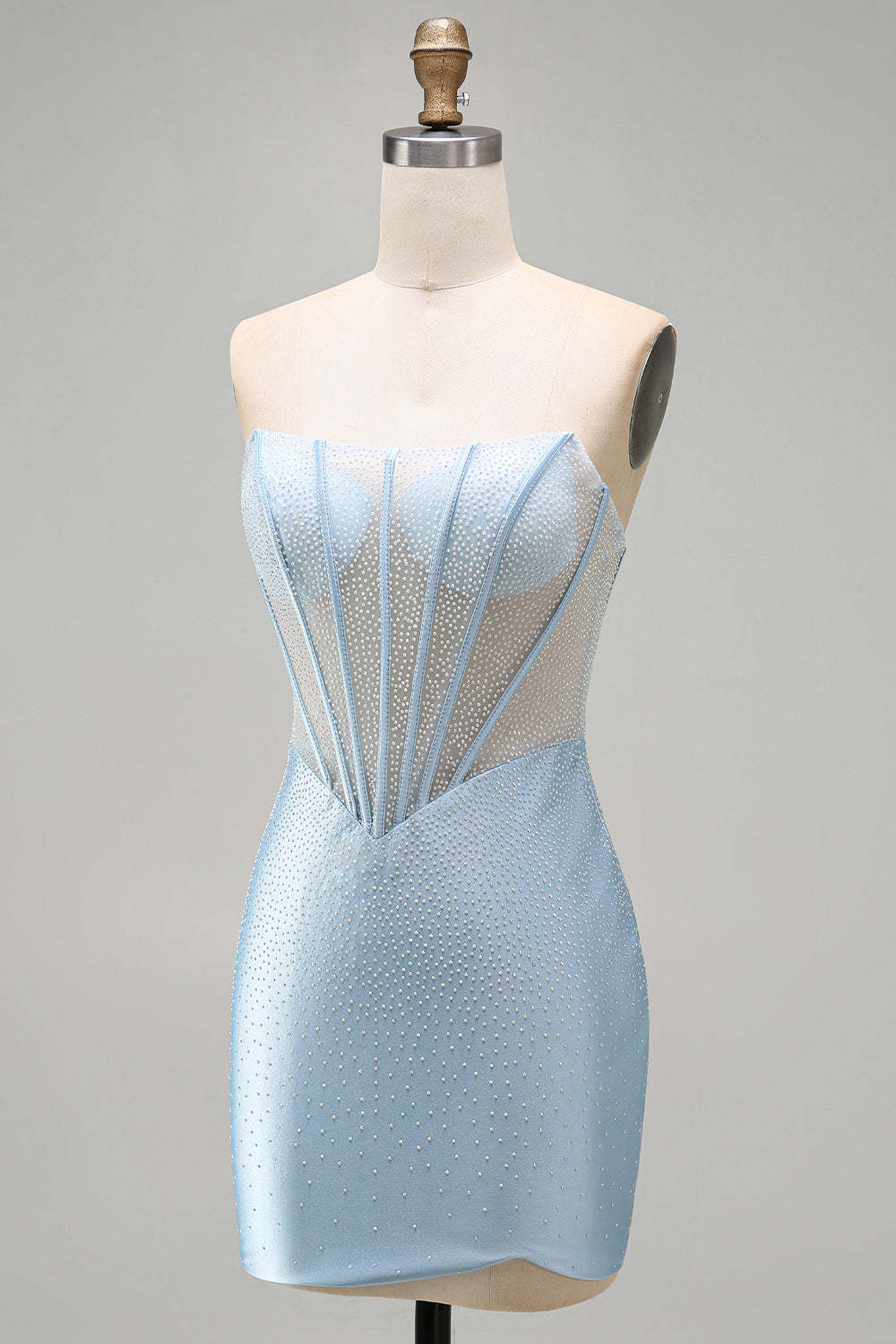 Sparkly Light Blue Corset Bodycon Strapless Short Homecoming Dress with Beading