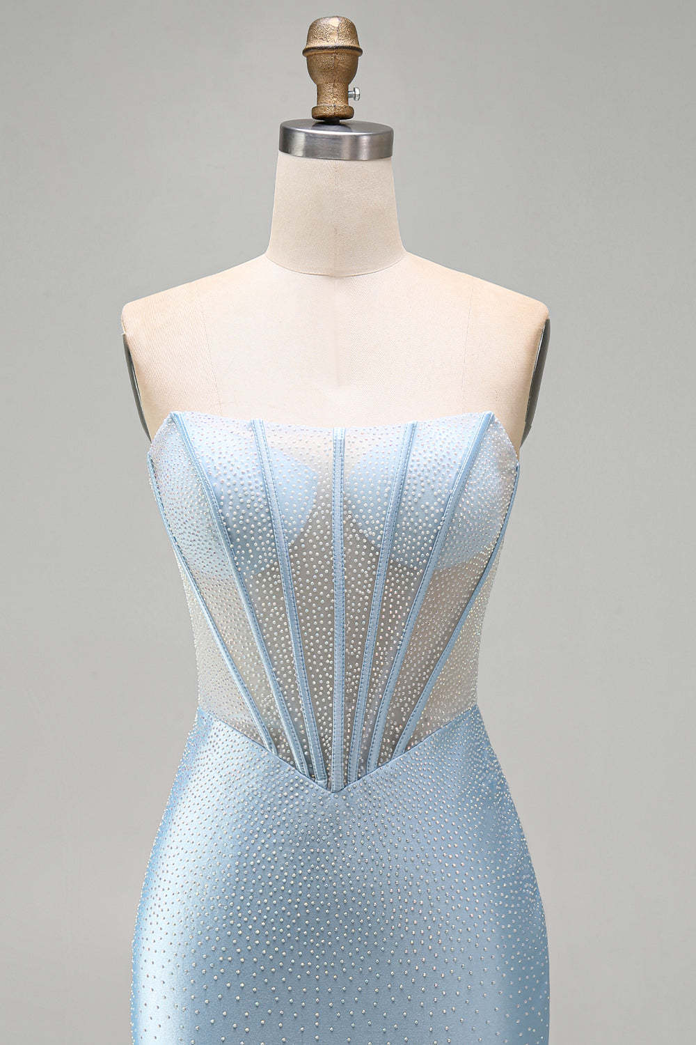 Sparkly Light Blue Corset Bodycon Strapless Short Homecoming Dress with Beading