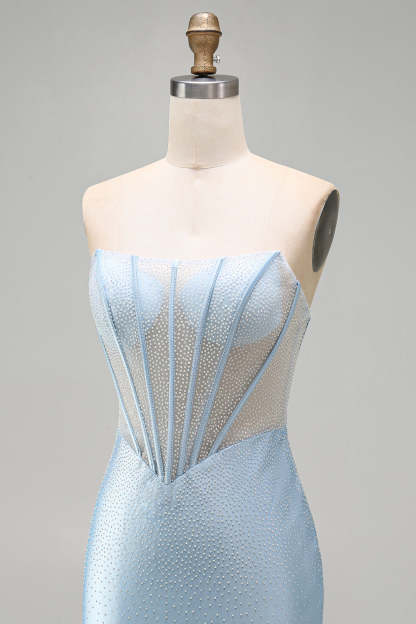 Sparkly Light Blue Corset Bodycon Strapless Short Homecoming Dress with Beading