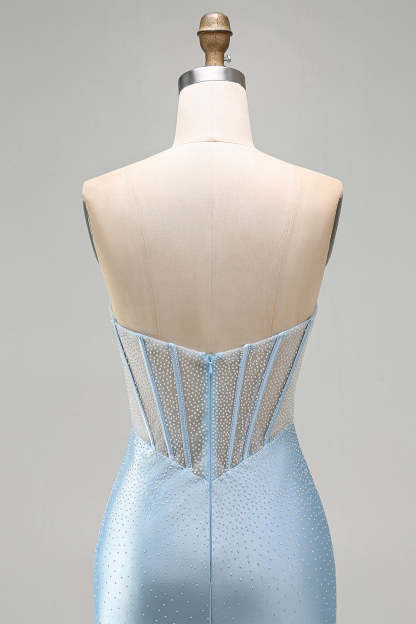 Sparkly Light Blue Corset Bodycon Strapless Short Homecoming Dress with Beading