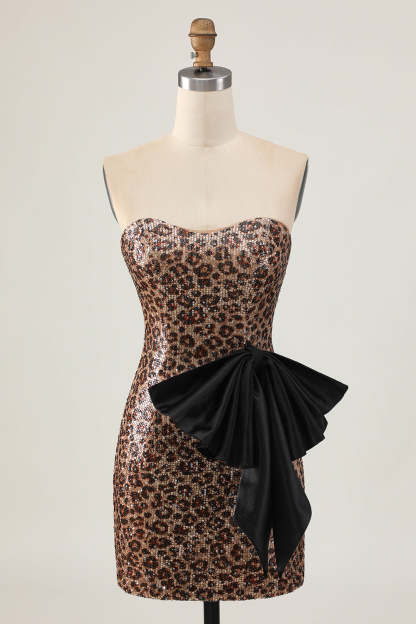 Leely Women Sparkly Brown Leopard Short Tight Homecoming Dress with Bow Sequins Sweetheart Strapless Cocktail Dress
