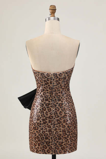Sparkly Brown Leopard Strapless Sequins Short Tight Homecoming Dress with Bow