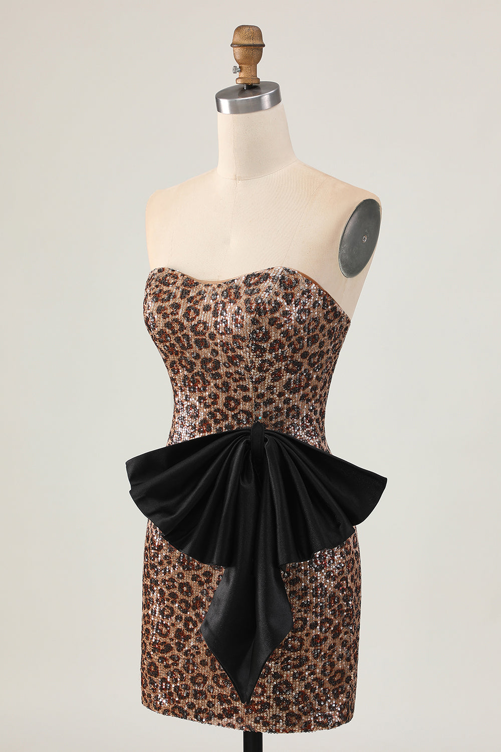 Sparkly Brown Leopard Strapless Sequins Short Tight Homecoming Dress with Bow