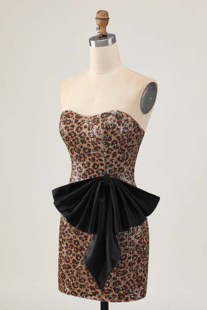 Sparkly Brown Leopard Strapless Sequins Short Tight Homecoming Dress with Bow