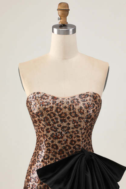 Sparkly Brown Leopard Strapless Sequins Short Tight Homecoming Dress with Bow