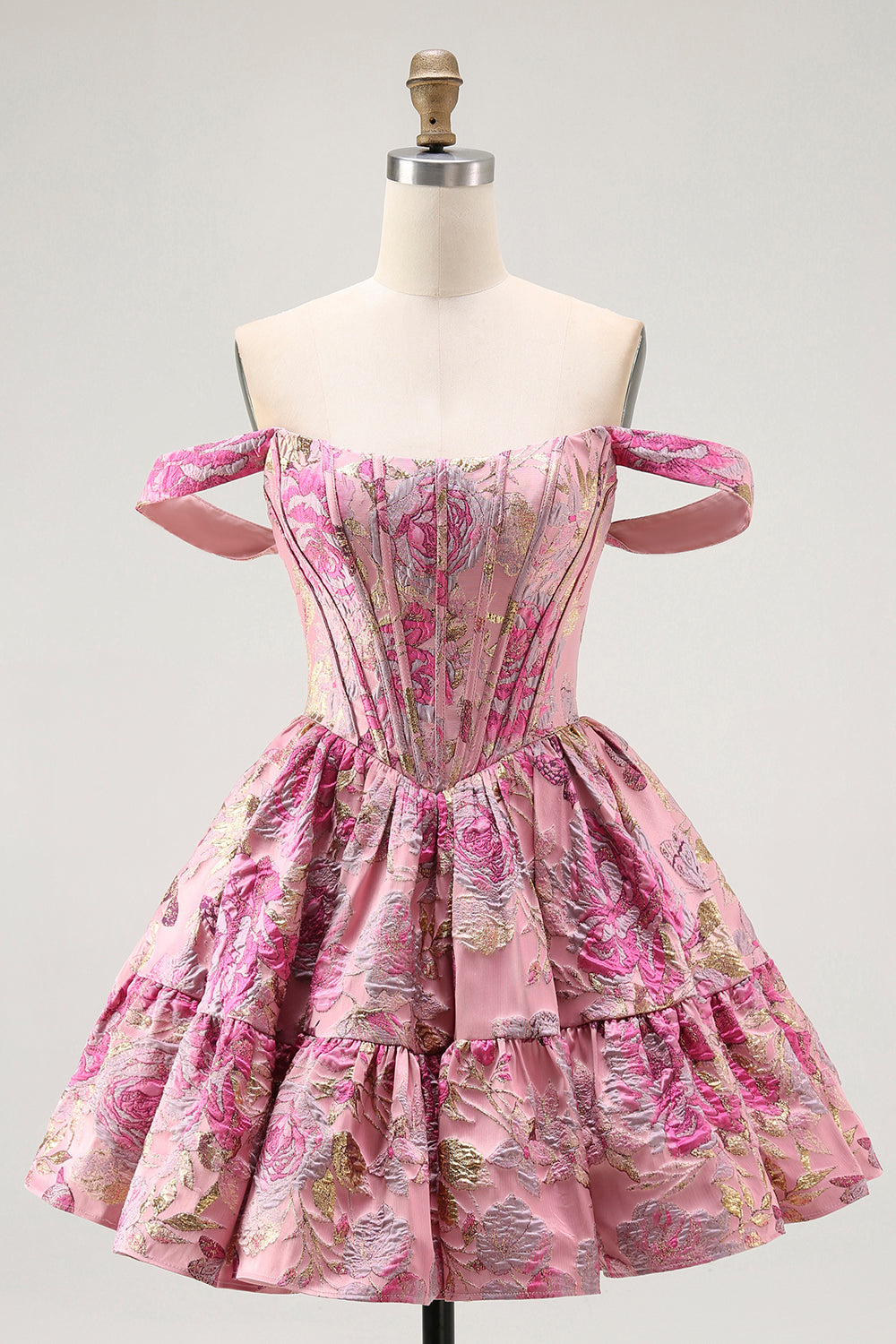 Leely Women Blush Corset Floral Short Homecoming Dress A Line Fluffy Off the Shoulder Cocktail Dress