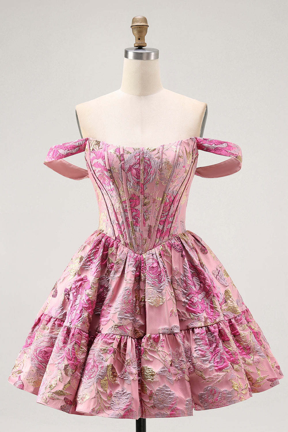 Leely Women Blush Corset Floral Short Homecoming Dress A Line Fluffy Off the Shoulder Cocktail Dress