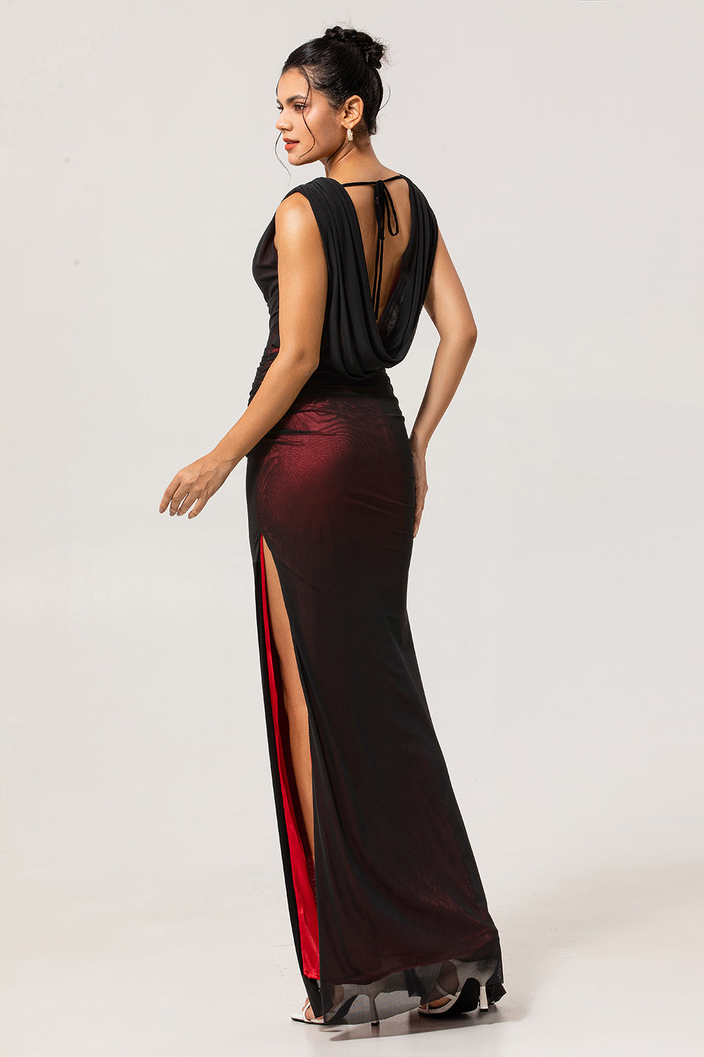 Black Red Mermaid Cowl Neck Long Bridesmaid Dress with Slit