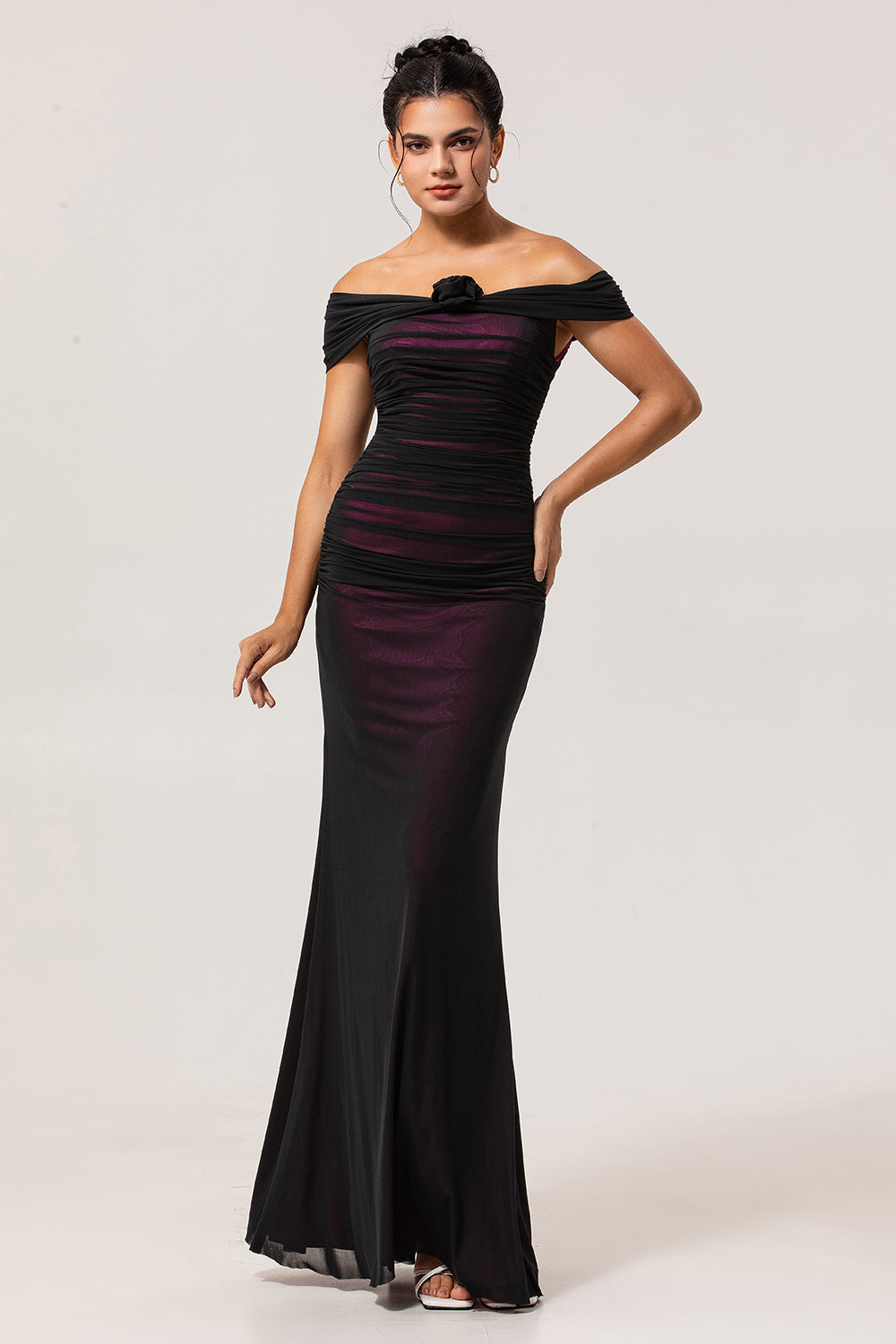 Black Pink Mermaid Off the Shoulder Long Bridesmaid Dress with 3D Flower