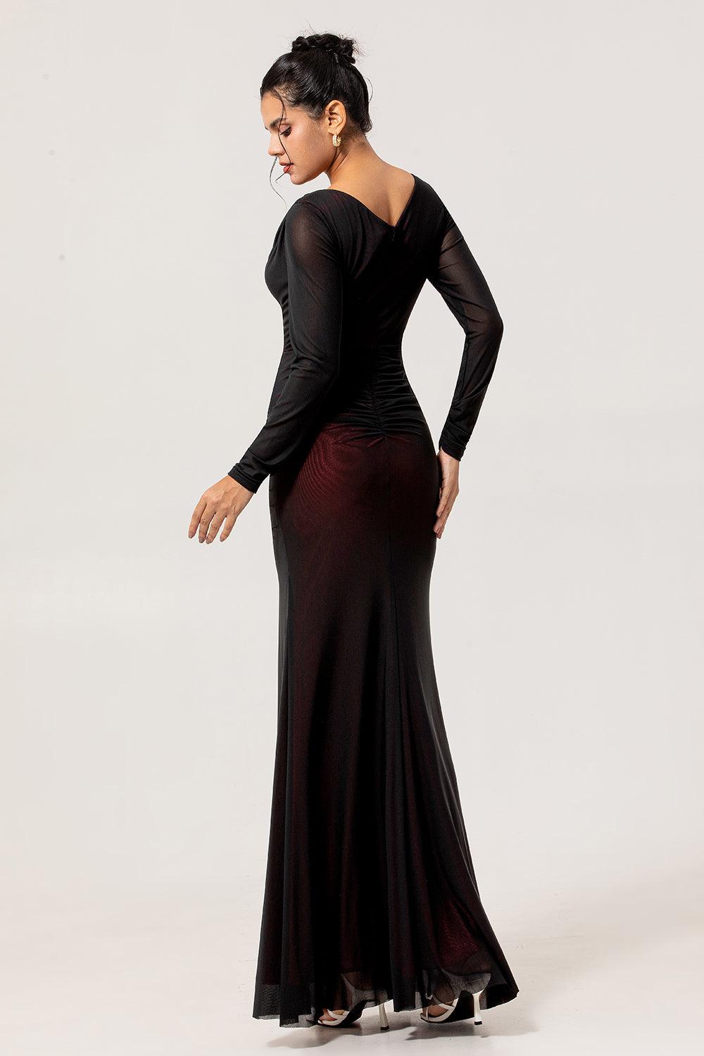 Black Red Long Sleeves Mermaid Bridesmaid Dress with Slit