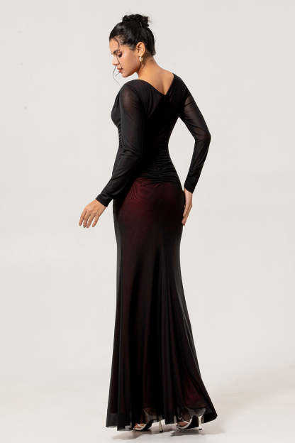 Black Red Long Sleeves Mermaid Bridesmaid Dress with Slit