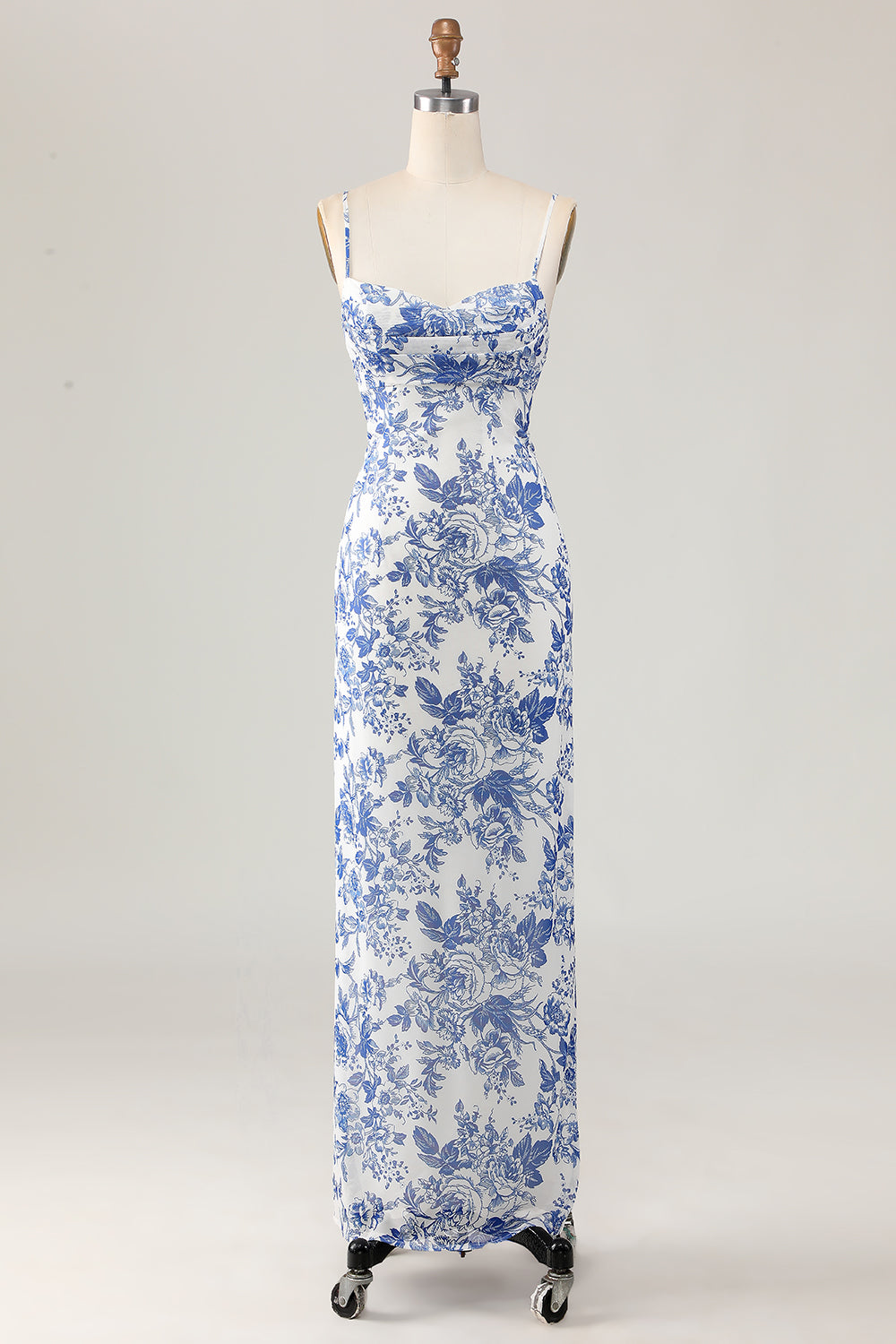 Maxi White and Blue Floral Spaghetti Straps Sheath Wedding Guest Dress