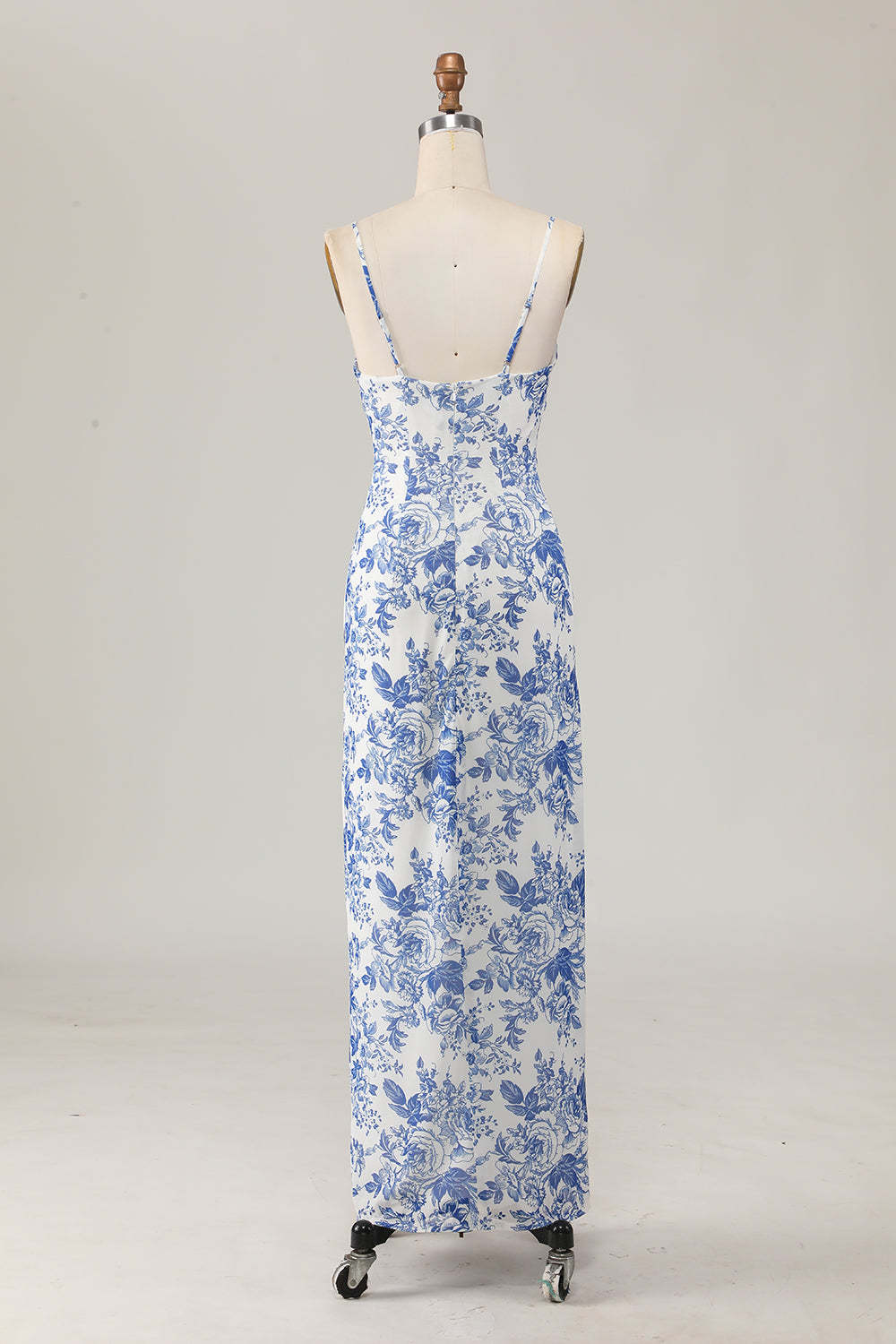 Maxi White and Blue Floral Spaghetti Straps Sheath Wedding Guest Dress