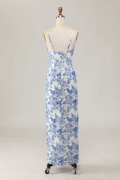 Maxi White and Blue Floral Spaghetti Straps Sheath Wedding Guest Dress