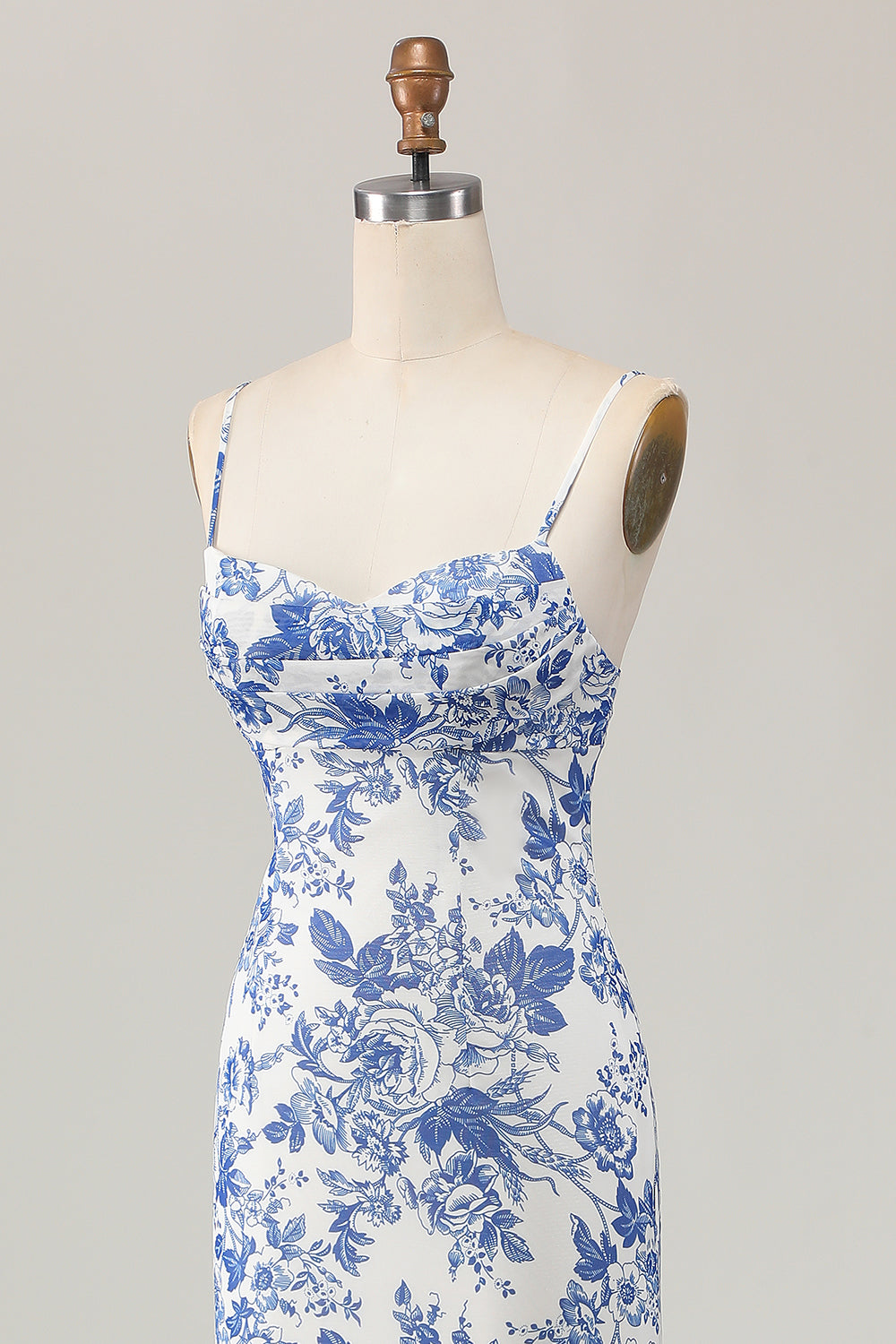 Maxi White and Blue Floral Spaghetti Straps Sheath Wedding Guest Dress