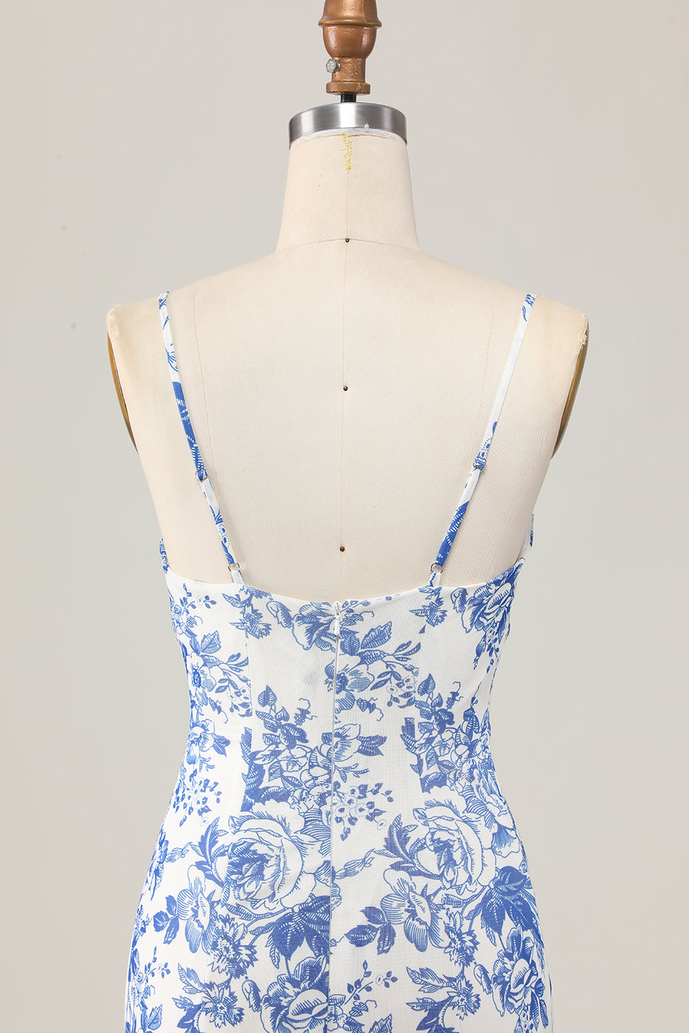 Maxi White and Blue Floral Spaghetti Straps Sheath Wedding Guest Dress