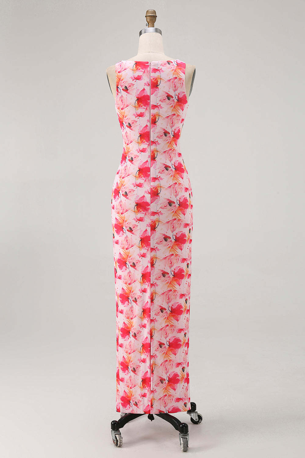 Pink Chiffon Floral Boat Neck Sheath Long Wedding Guest Dress