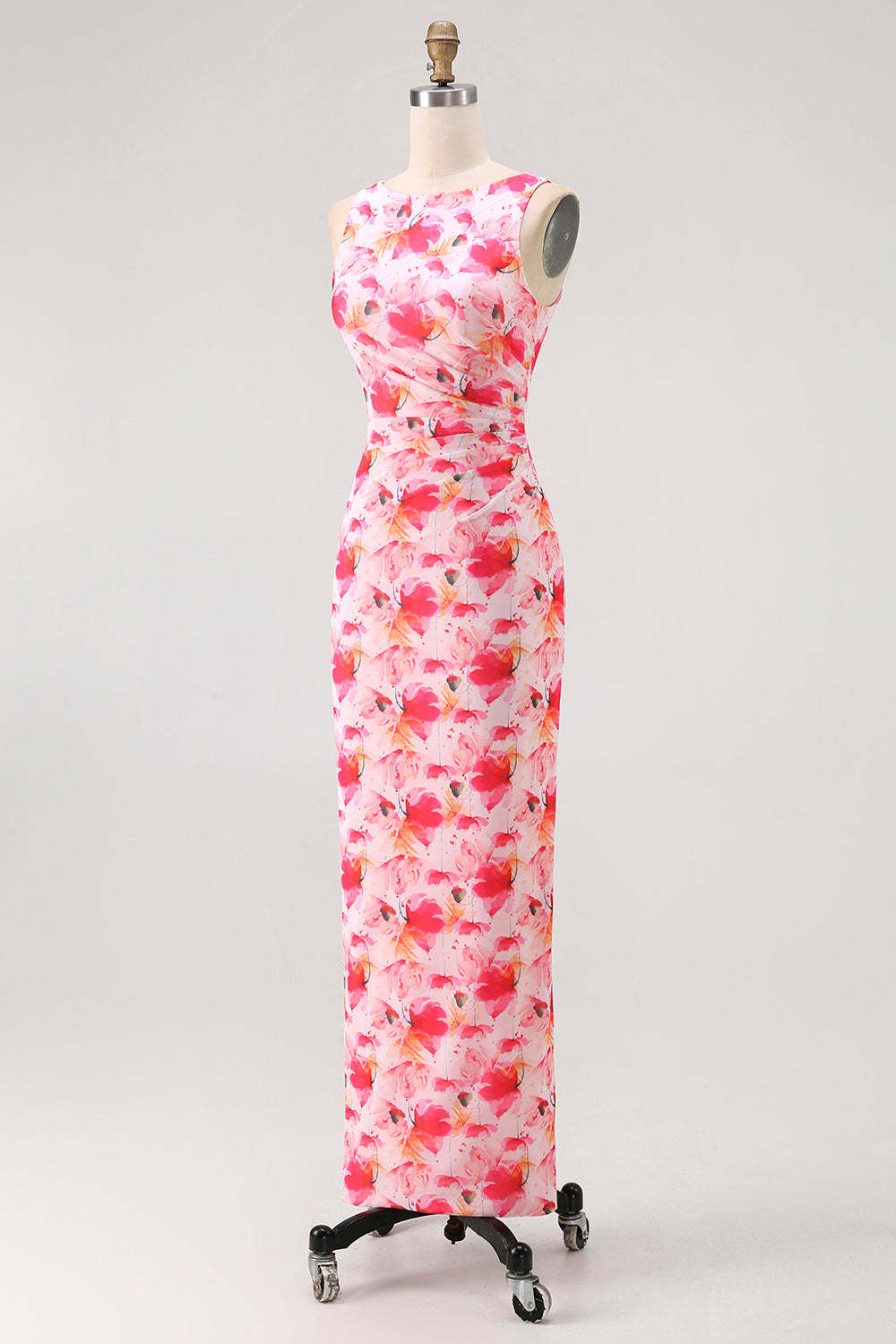 Pink Chiffon Floral Boat Neck Sheath Long Wedding Guest Dress