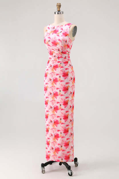 Pink Chiffon Floral Boat Neck Sheath Long Wedding Guest Dress
