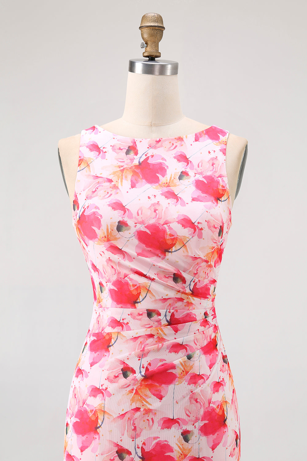 Pink Chiffon Floral Boat Neck Sheath Long Wedding Guest Dress