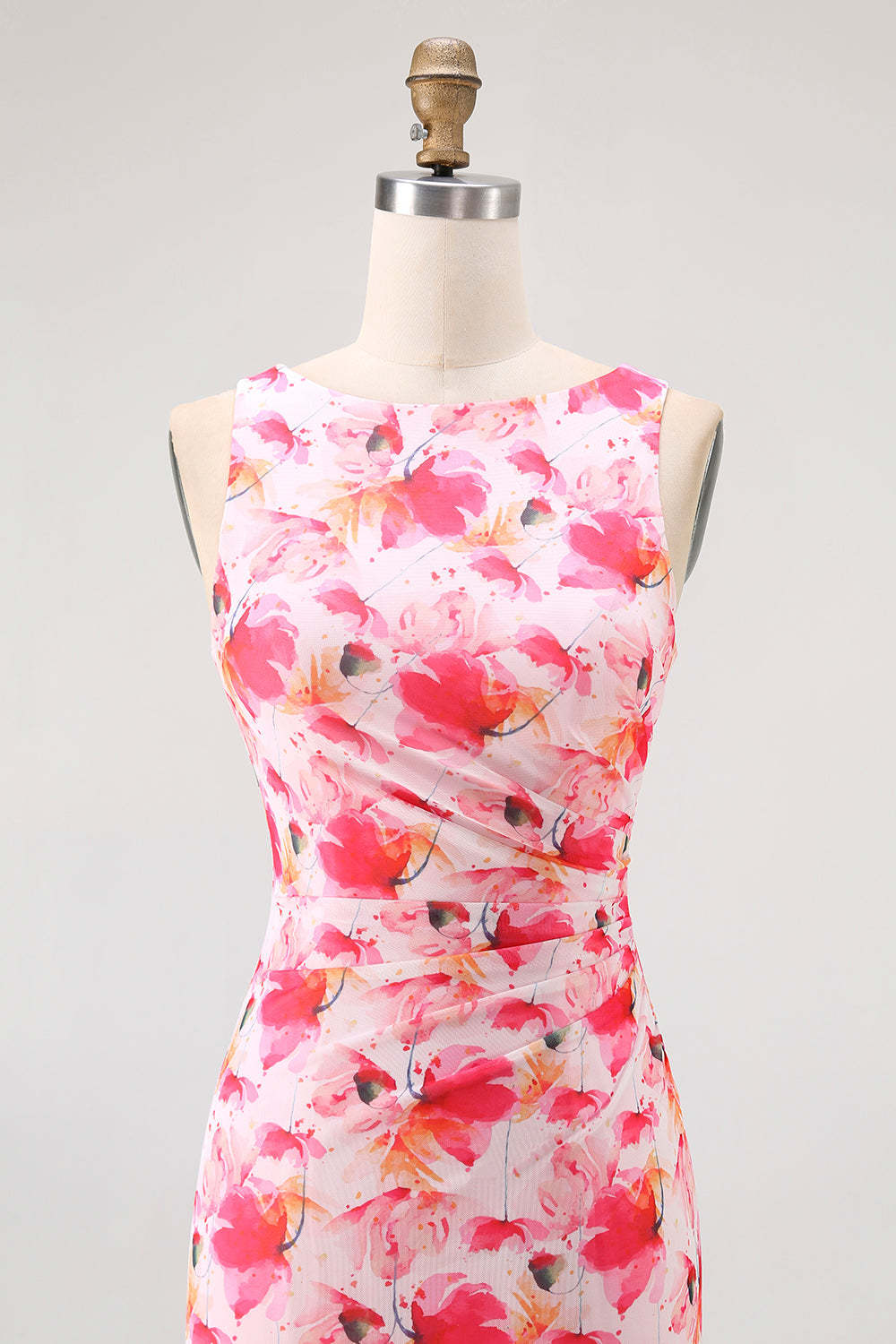 Pink Chiffon Floral Boat Neck Sheath Long Wedding Guest Dress