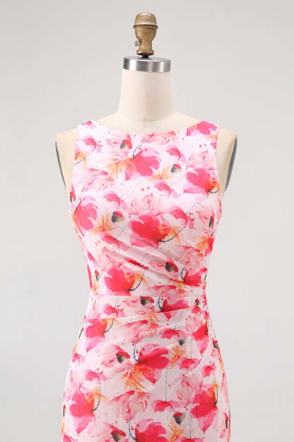 Pink Chiffon Floral Boat Neck Sheath Long Wedding Guest Dress