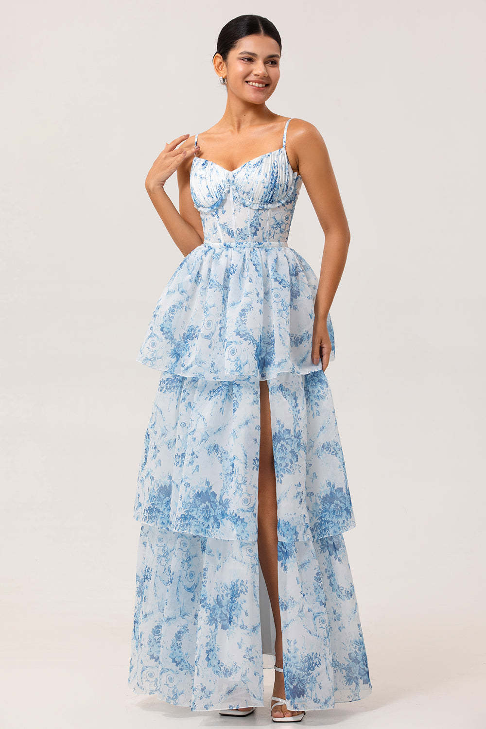 Leely Women White and Blue A Line Corset Long Floral Wedding Guest Dress with Slit Tiered Ruched Spaghetti Straps Bridesmaid Dress with Ruffles